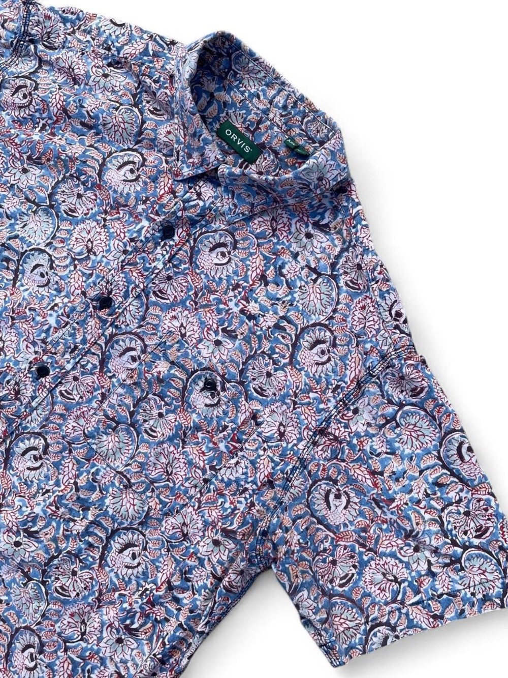 Orvis Block Printed Cotton Floral Short-Sleeve Summer Button-Down Shirt